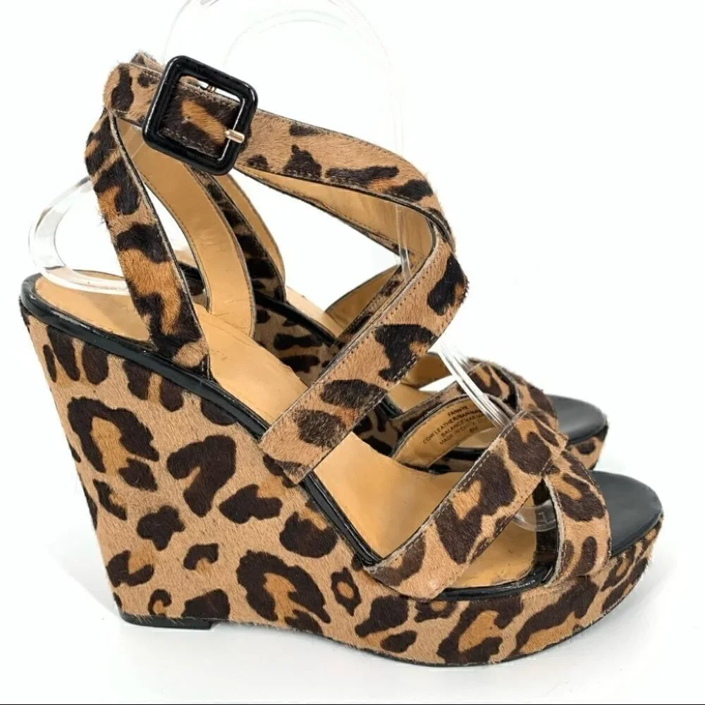 Nine West heels fannyr size 8 Cheetah print calf hair platform strappy wedges